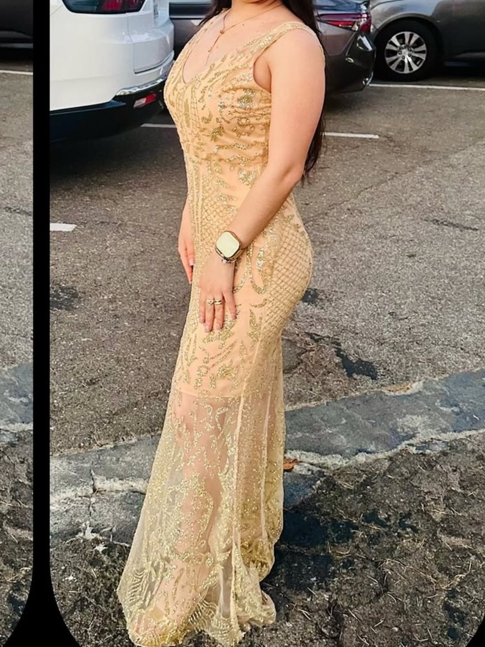 Gold Beaded Sheer Evening Gown - Elegant Women's Dress